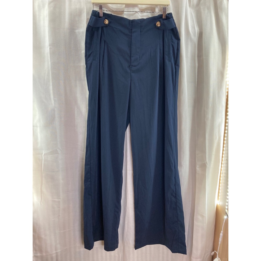 Unique Vintage Trousers XL/14 Wide Leg High Waist Blue Gold‎ Button Elastic Back